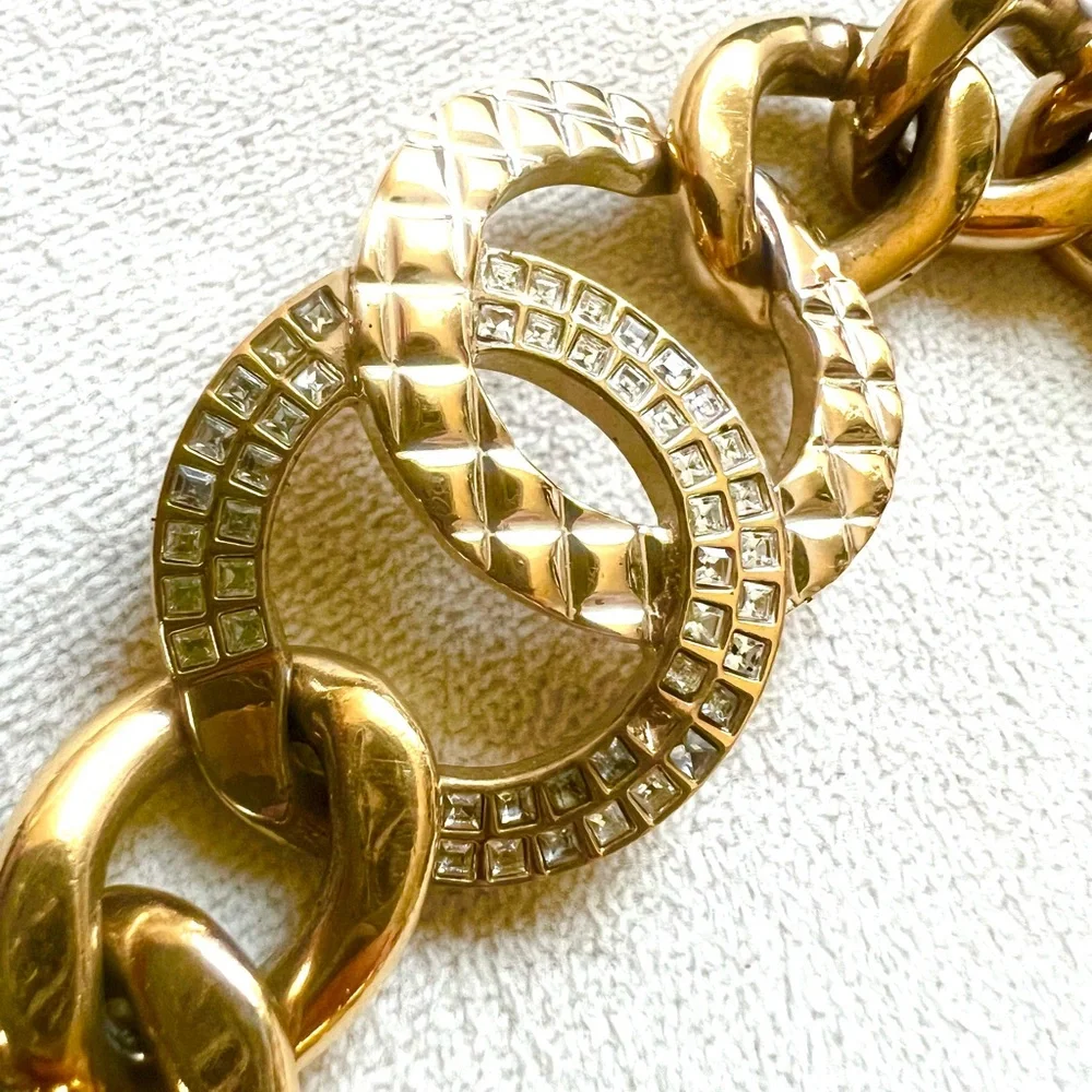 CHANEL Rhinestone CC Logo Chunky Chain Bracelet